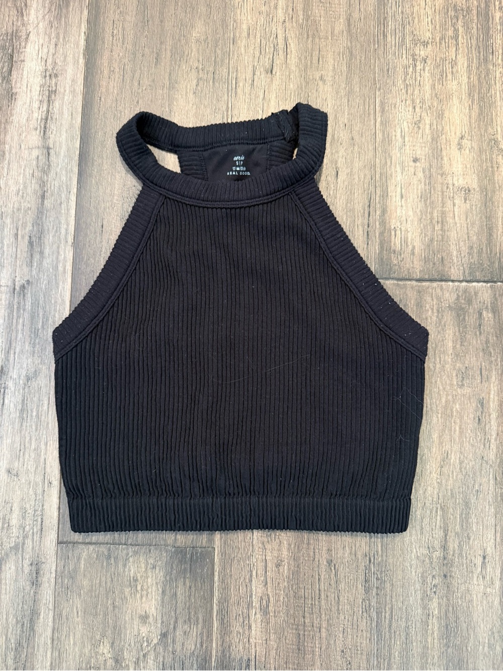 aerie Black Ribbed High-Neck Cropped Tank